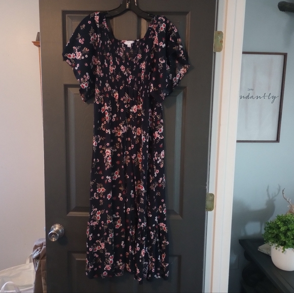 Floral Spring Time Puff Sleeve Maxi Dress Navy Blue Stretchy Conforming Flowers - Picture 1 of 5